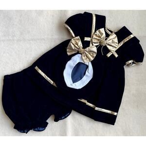 Vintage 90s Velvet 3-Piece Nautical Dress Set Girls 12M Navy & Gold Bows Hat